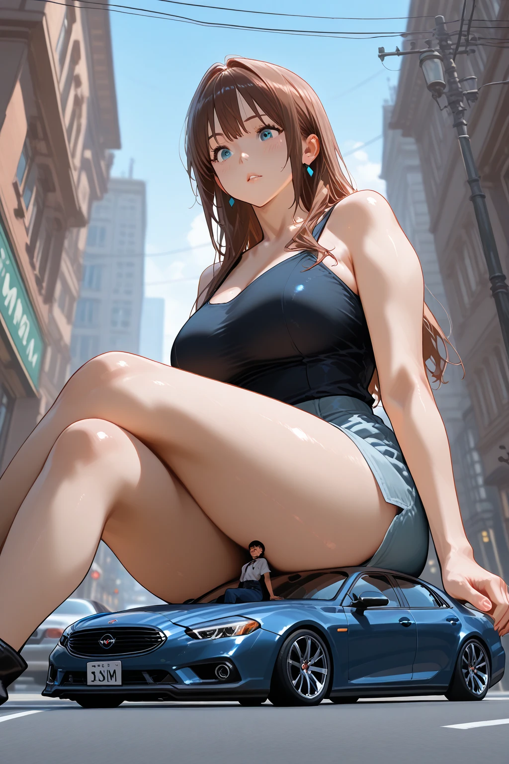 16K, HDR, ray tracing, RTX, ultra realistic, highres, best quality, masterpiece, full body image, (perfect anatomy ), a beautiful mature milf posing for a photograph sitting on a car roof, wearing a sexy red bikini, long brown hair, bangs, happy chuckle, blue eyes, sexy body, looking at the camera, day time, blue sky, city, clouds, spaceship, anime style, outdoors, trending on artstation, WLOP, sakimichan, award wining, great composition, perfect, great lighting