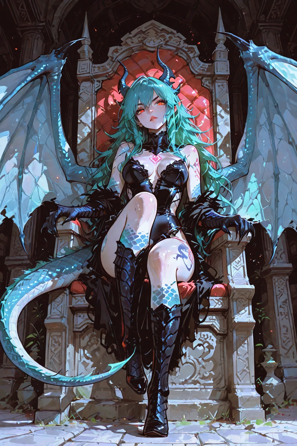 (((sfw))), masterpiece, top quality, best quality, highly detailed, 8k, super high resolution, perfect anatomy, score_9, score_8_up, score_7_up, score_6_up, BREAK, ((solo focus, cinematic lighting, dynamic angle, depth of field)), ((detailed eyes)), ((looking at viewer, one leg up, sitting, leaning back, smile)), ((anthro blue dragon, dragon horns, dragon wings)), ((all blue body)), (adult), purple eyes, (half-closed eyes), ((short blue hairstyle)), (muscular, slim figure, thick thighs, large breasts, long legs), (((shimmering white dress with gold accents, dark thigh highs, bracelets, anklets))), ((clouds, marble pillars))
