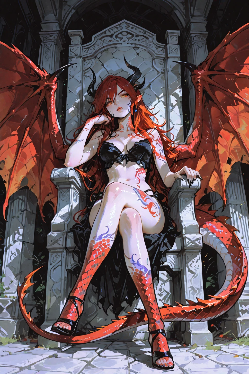 a horned demoness wearing an armored dress is tied down with chains onto a sacrifical stone tablet, her wings tied behind her back, pink long hair, red eyes, expressionless, long twintails cut, looking at viewer, fire in background, chromatic aberration, demon horns, succubus, goddess, lingerie, devil, huge breast, wavy hair, sexy, red and black costume color, full body, detailed costume