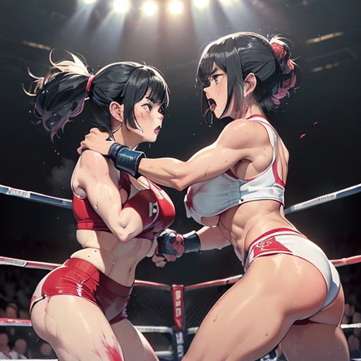 NSFW , on the beach boxing ring , Small woman and big woman , Fullbody shot , Wear Monokini swimsuit with pantyhose , Female boxing Face to face, huge breasts.