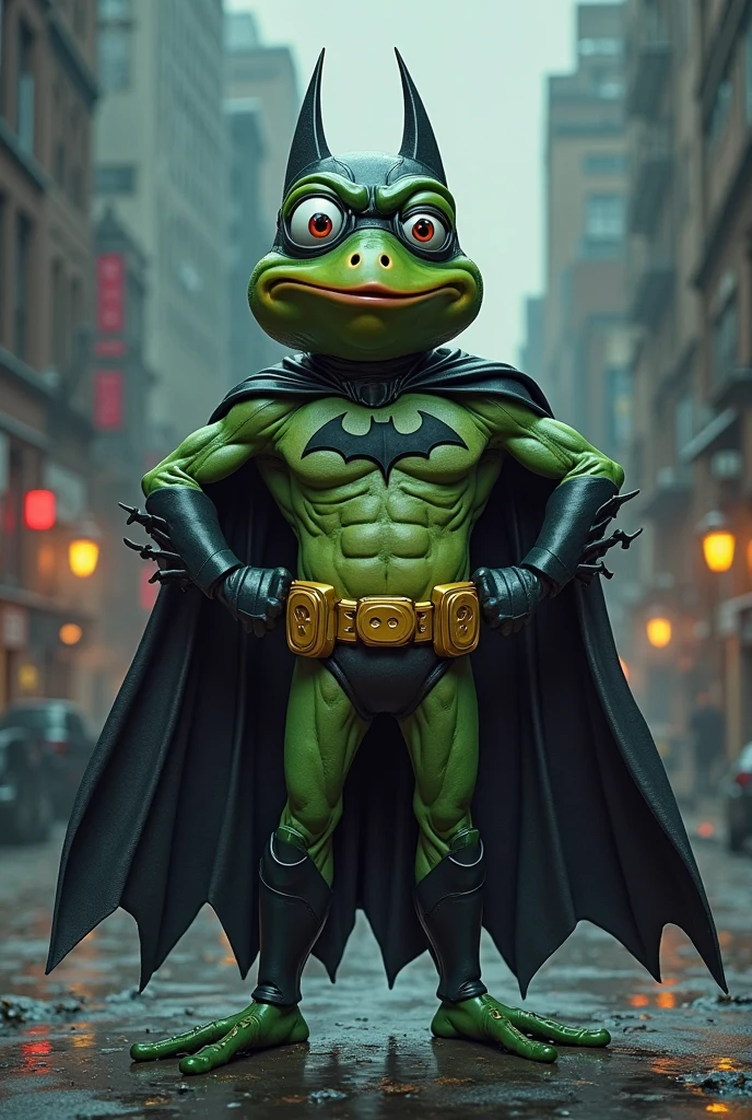 cinematic photo Full body shot, Coqui frog in batman uniform, 8k, cinematic photorealistic, 8k uhd natural lighting, raw, rich, intricate details, key visual, atmospheric lighting, 35mm photograph, film, bokeh, professional, 4k, highly detailed . 35mm photograph, film, bokeh, professional, 4k, highly detailed
