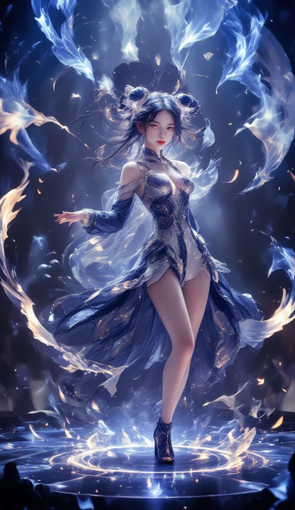 (fire element:1.1),Fire Lotus Underfoot，Composed of fire elements,(1个Giant Breast Girl:1.2),on fire,transparency,hot,(molten rock),Flame skin,Flame print,hot hair,smokes,Cloud,felling,,a girl wrapped in flames, Flames rise and sparkle,burning hands,Translucent glow,Highly realistic,beautiful pose,transparency,Sci-fi light effects,(Luminous circuit board:1.6),Long blue,