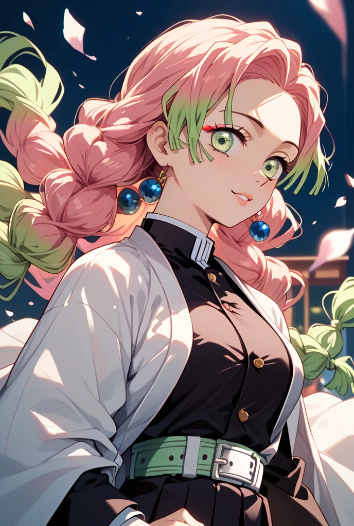 masterpiece, best quality, ultra-detailed, Potrait of beautiful MitsuruDS, solo, demon_slayer_uniform, smile, long_sleeves, looking_at_viewer, japanese_clothes, breasts, haori, cleavage, closed_mouth, jacket, large_breasts, open_clothes, skirt, belt, black_skirt, pleated_skirt, thighhighs, green_thighhighs, zettai_ryouiki, volumetric lighting, best quality, masterpiece, intricate details, tonemapping, sharp focus, hyper detailed, trending on Artstation, pink hair with greeb bottom hair, pink hair, greeb bottom hair, kimetsu no yaiba,