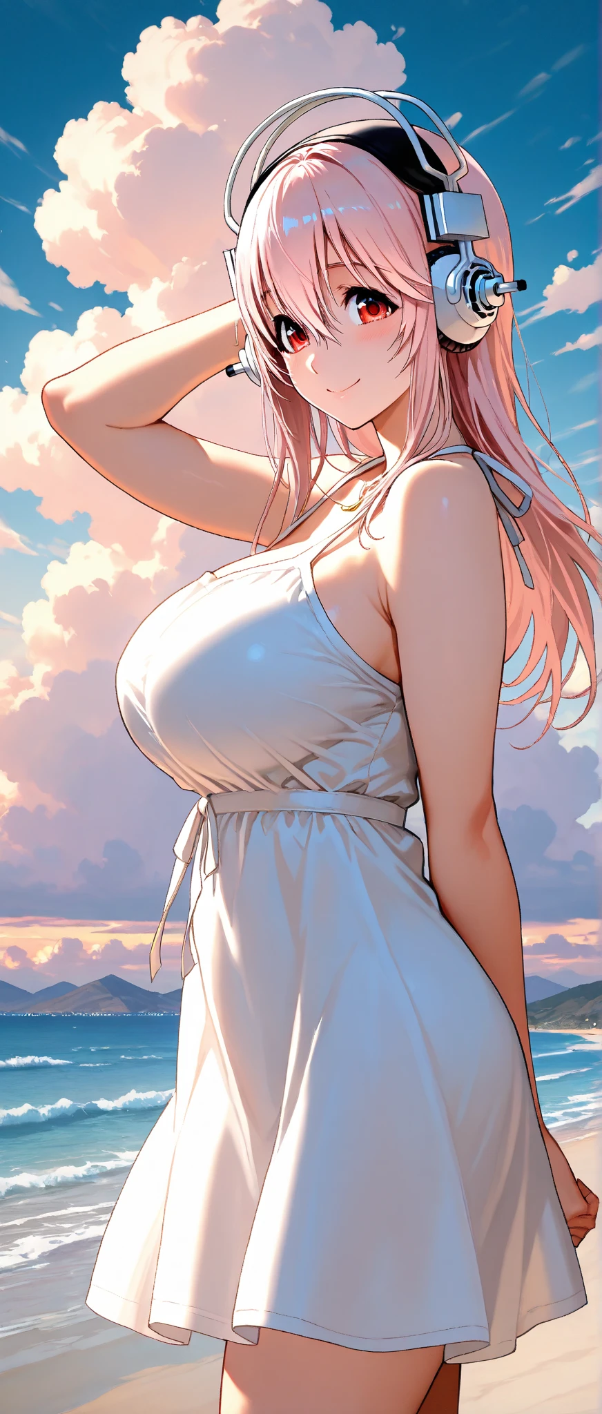 (masterpiece)、(absurdres)、(ultra detailed)、solo lady、 shiny white hair、shortcut hair、shiny pink eyes、big breast:0.66、(wizard white dress)、BREAK、(yellow hairpin)、BREAK、Light blue pastel bikini:0.9、See-through jacket:1.1、BREAK,cowboy shot,side view,smile,Touching your hair、Under the beach umbrella、open mouth,