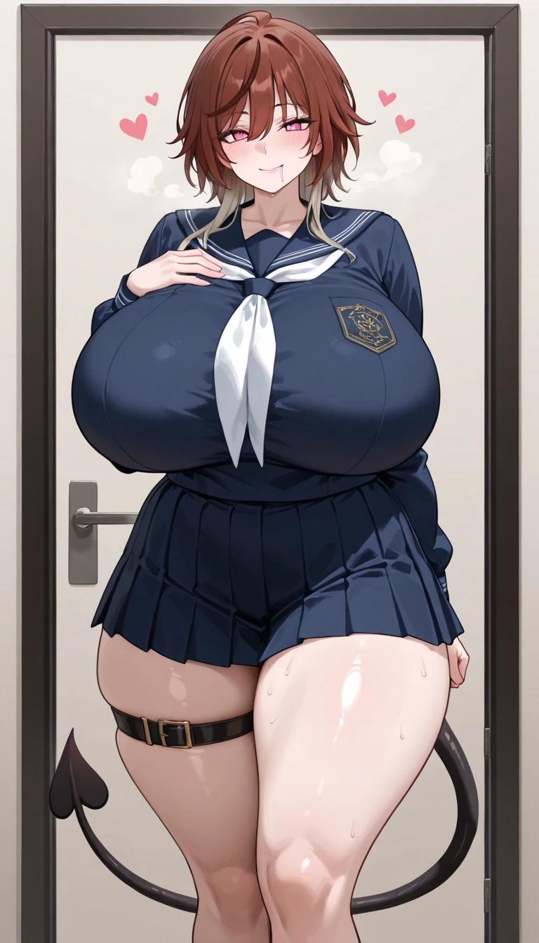 Too big breasts、gigantic breasts,bursting breasts、best quality, perfect skin、uniform、blazer、stockings、shirt、Leg spread、Bow-legged、 length_hair, Looking_in_Audience, Knee socks, bound, Bondage, bondage, rope, Suppressed, gag, shibari