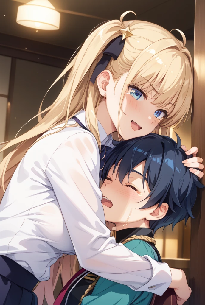 Beautiful long blonde　blue eyes　Embarrassing　Tears are overflowing from my eyes　fellatio　sidefellatio　from side　Gold Tiara　Pink Dress　Princess
