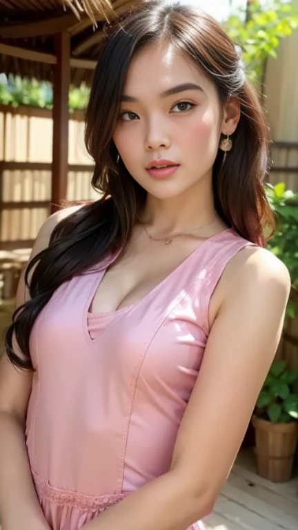 Dark brown hair、Light brown eyes、Japanese actress、 Lady、I am about 40 years old..、(Intricate details:1.2)、(Which one is on top??:1.4)、 (Ultra-high resolution:1.2)、Ultra-high resolution、(Finely tuned)、(Detailed facial features)、Hmph、8K resolution、D cup size breasts、Long Hair、Blocks sunlight and shade、A living room with a resort feel、Pink flowers are decorated in the background、Pink flowers blooming in a resort area、Decorate your ears with deep pink flowers、white wall、white floor、Full body photo、Head to toe shot、Beautiful legs、white　One piece with a wide open back、Blackpink Jenny　私 took this photo with the image of、Beautiful legs、she, Fashion Hub, Extreme Detail, Very detailed, Realistic, Hourglass-shaped body, Obscene pose、Lift your chin a little、Please open your mouth a little、Poses that make you feel weak、Are crying、Deep sorrow、