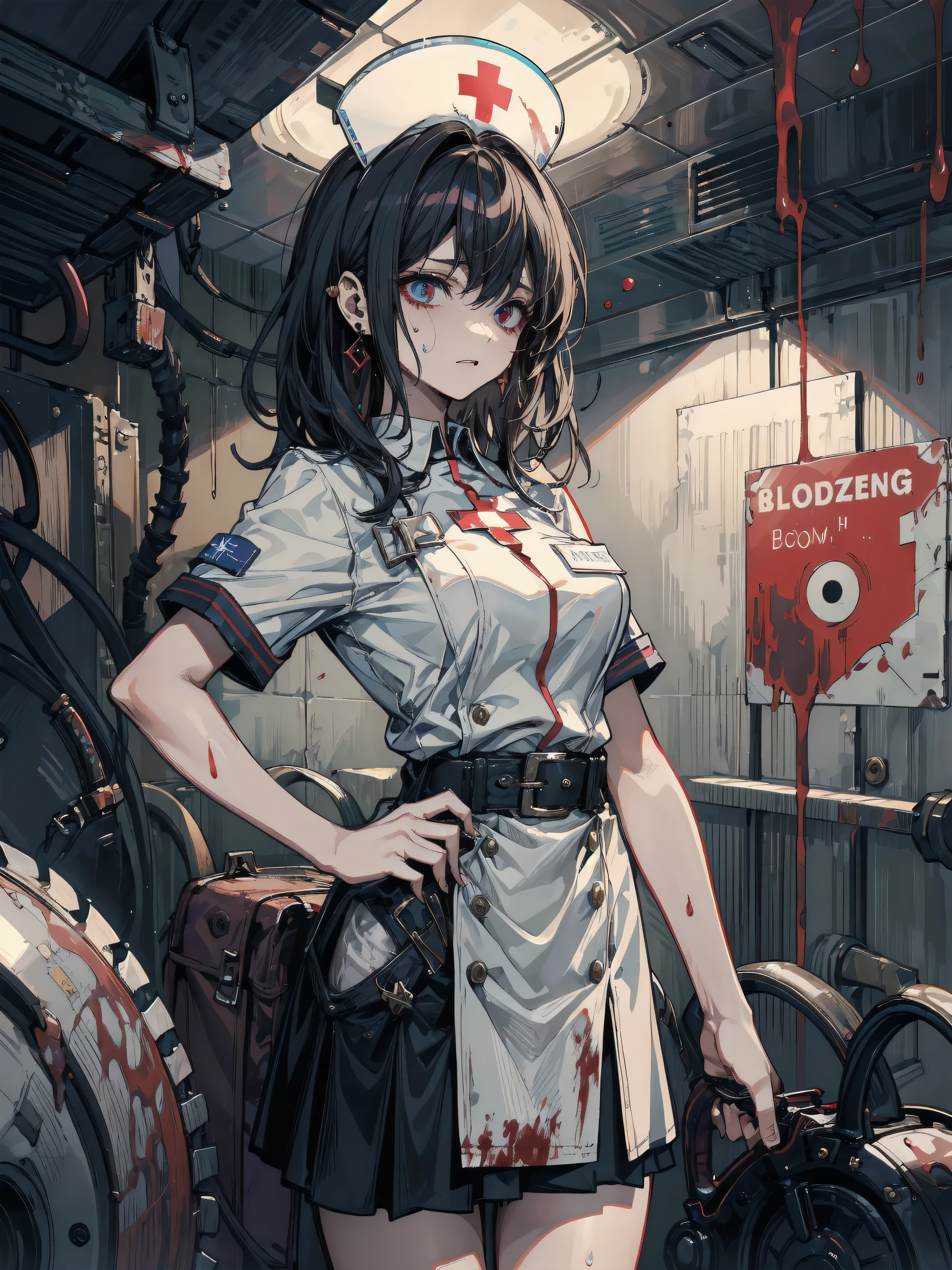 ((blood)), ((blood splatter)), ((blood on clothes)), ((blood stain)), hospital, (nurse uniform), (have a chainsaw), (zombie), absurdres, RAW photo, extremely delicate and beautiful, masterpiece, Best Quality, ultra high resolution, 32k, hyperrealistic, ultra-detailed, detailed description, pale skin, 20 years old, tearful mole, earring, Colossal tits, short medium hair, wavy hair, evil grin, full body shot,