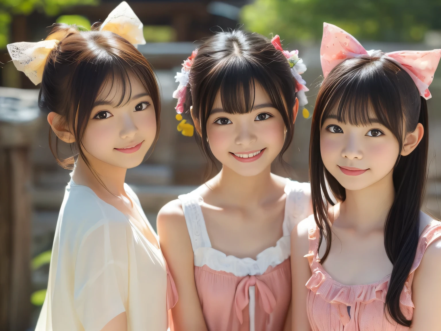 (((masterpiece))), (((cowboy shot、cute smile、Multiple Beautiful Girls))), (beautiful Japanese girls, innocent expression) ,(ultra high precision, realistic, very detailedな, 8k,top quality, very detailed, detailed background),(SLANDER BODY,flat chest,small breasts,とても美しいbeautiful Japanese girls、is hiding my chest、Bold Poses、Dynamic Poses、lean forward), (detailed face:1.3), (Short Boyish Hair、beautiful black hair :1.4、Beautiful hair ornament), (Beautiful girl with a baby face), (perfect body:1.1),Very detailed face、detail lips that fly to your face、very detailed目, Accurate Limbs,Junior Gravure Idol,Beautiful skin、 Beautiful skin ,realistic:1.37,no makeup,(top quality, masterpiece), (sister,elementary school student),Red cheeks、 full nude、Shining Water Surface、Some beautiful girls、光が反射しているBeautiful skin、In strong sunlight、Service、clothes with big blue bows