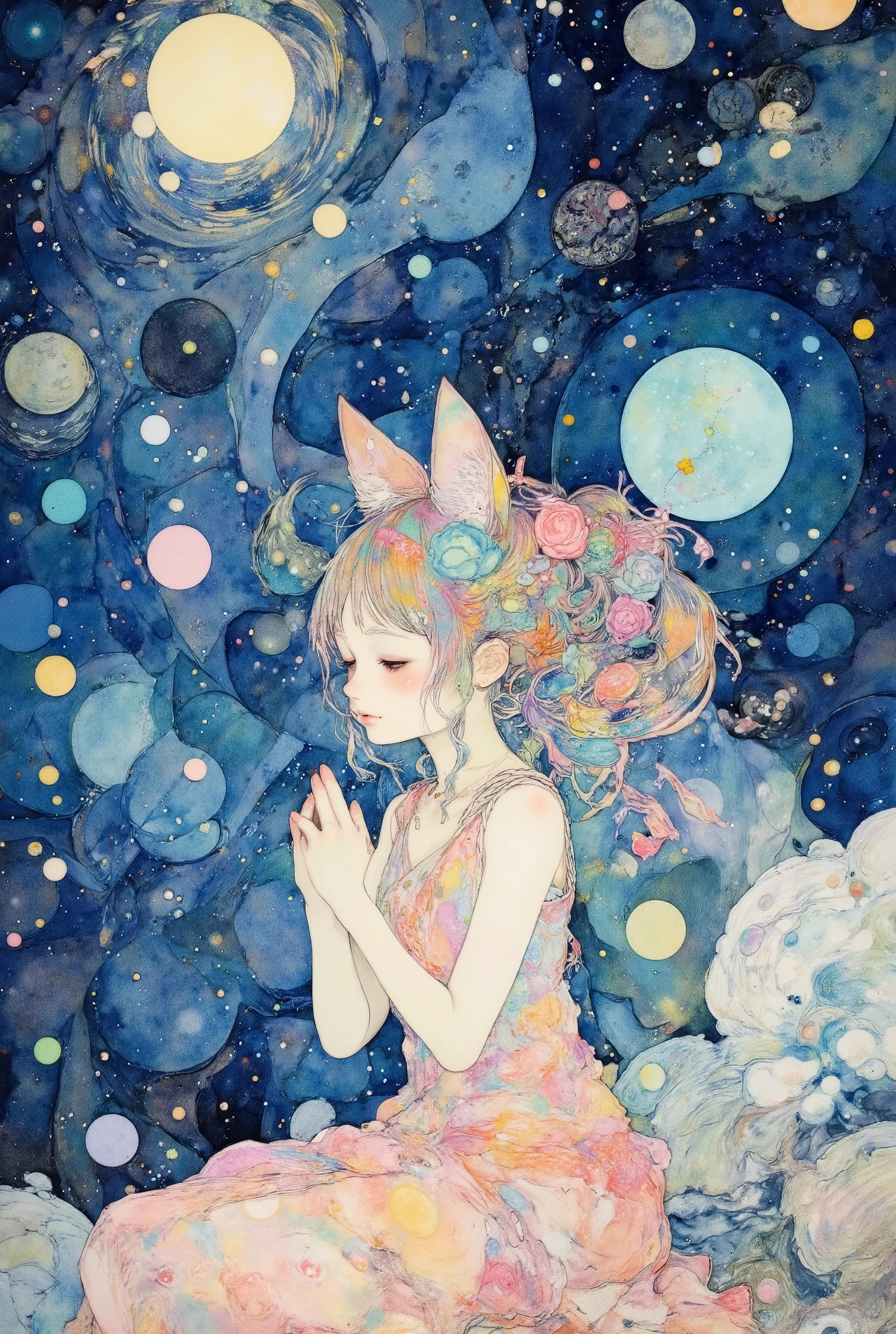 (Extremely Beautiful and Exquisite Watercolor:1.5),((Beautiful cat girl offering a prayer for July 5th)), cosmic background、starry sky background、Quality\(8k,非常に精細なCGユニットのWallpaper, masterpiece,high definition,top-Quality,top-Quality real texture skin,Surrealism,increase resolution,raw photo,最高のQuality,very detailed,Wallpaper\)