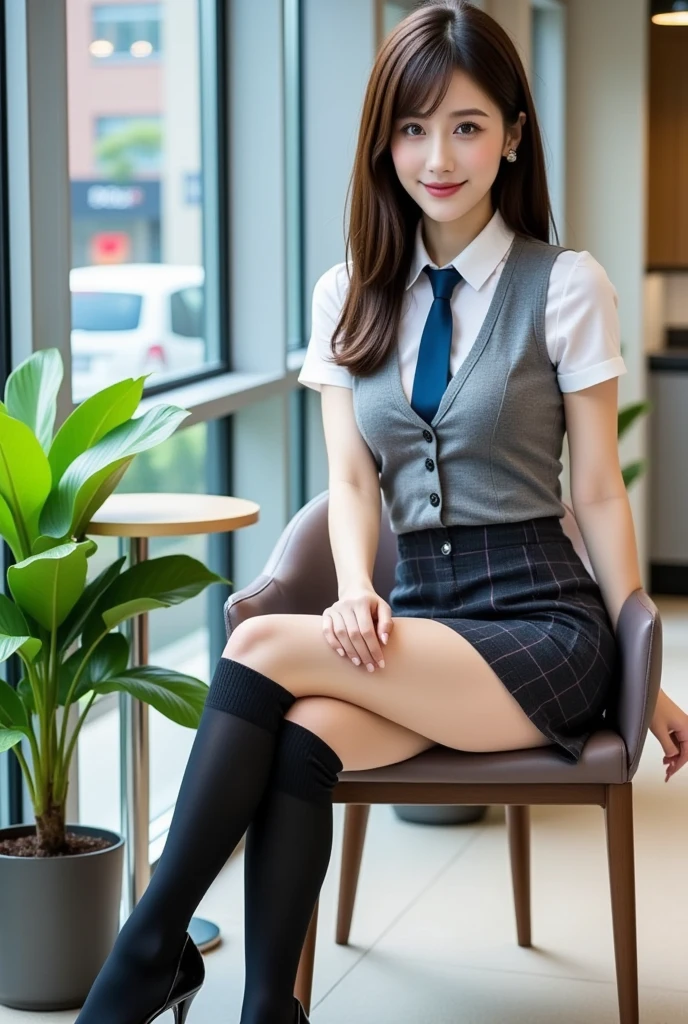 1womanl、(Super beautiful)、(beauitful face)、A detailed face、Take a seat at McDonald's、with spreading legs、(high-school uniform)、(Wearing makeup)、Golden head hair