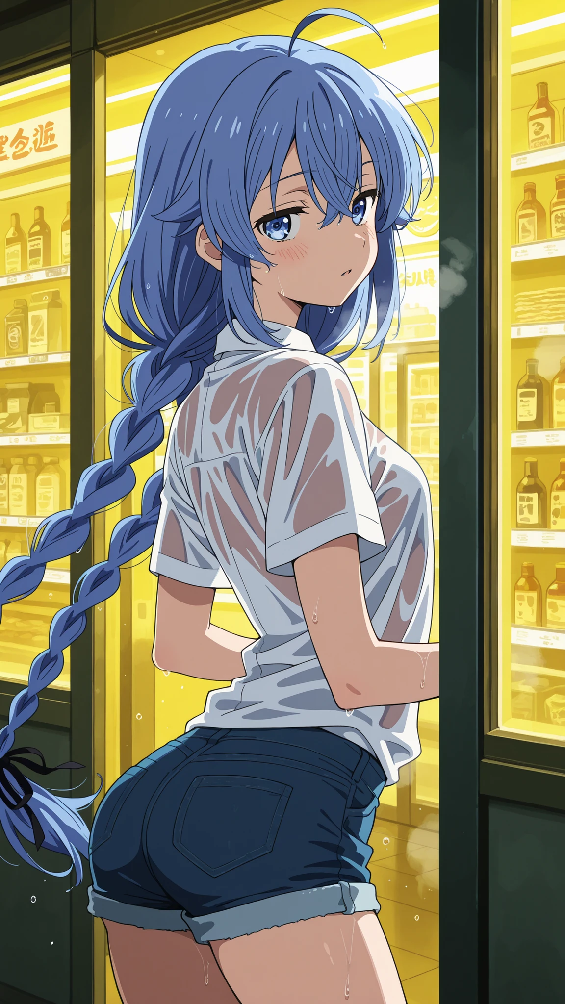 BREAK looking at viewer,BREAK (masterpiece:1.2), best quality, high resolution, unity 8k wallpaper, (illustration:0.8), (beautiful detailed eyes:1.6),Tokyo street glistening after rainfall, neon signs reflecting in endless puddles, warm yellow light spilling from izakaya doorways, steam rising mixing with the cool night air,Soft glows from convenience store windows,--style raw --chaos 60 , 4K ultra-detailed, cinematic urban atmosphere ,roxy, ahoge, black ribbon, blue eyes, blue hair, braid, hair between eyes, hair ribbon,long hair, twin braids, very long hair,short white shirt,short jeans shorts,chocker,cap,,wet clothes,blush, seductive expression,floating hair,cowboy shot,arched back,from behind,