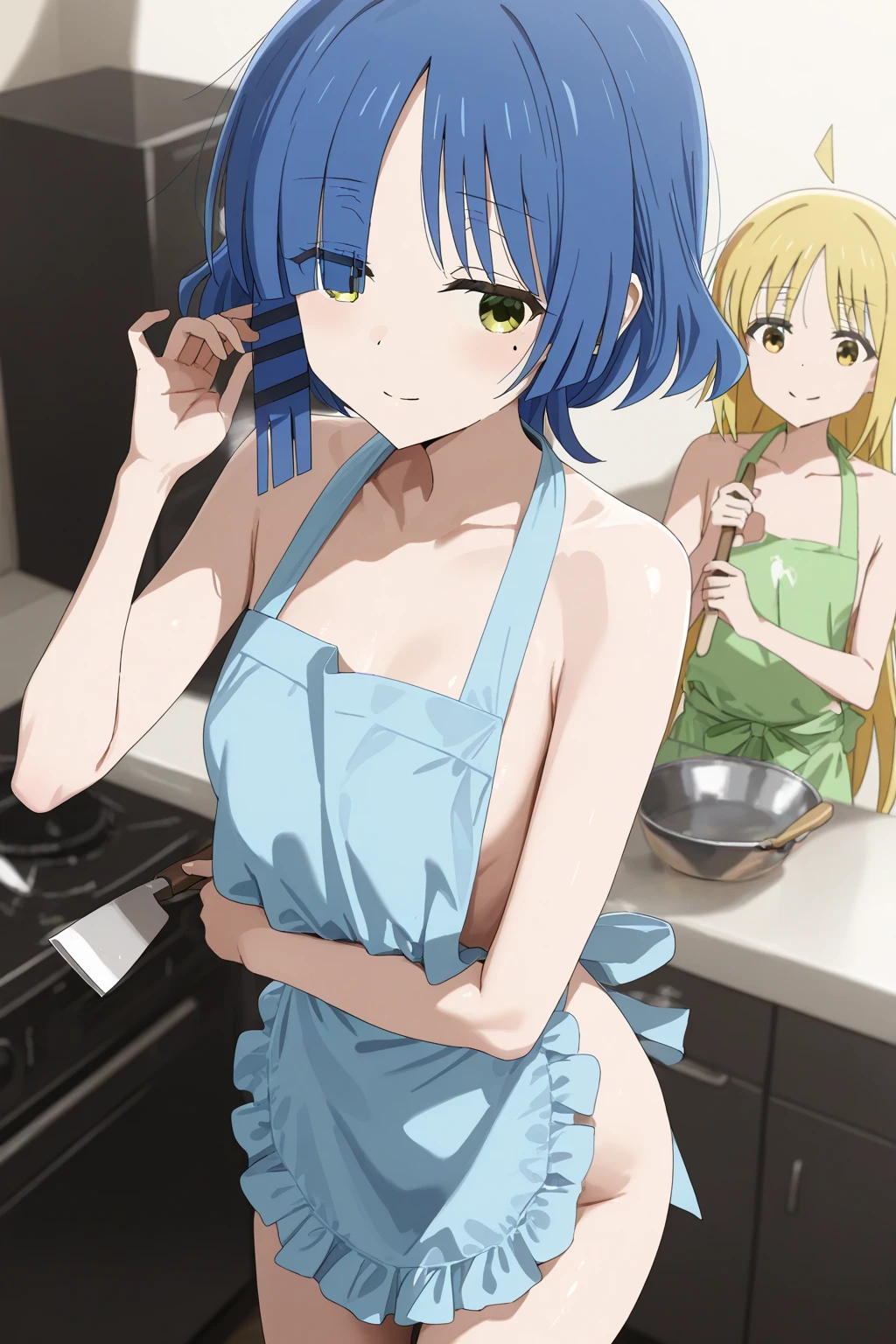 (anime artwork, anime style, studio anime, very detailed, up to date, vibrant, Anime Coloring, high contrast, masterpiece:1.2, best quality, best aesthetics),3 girl, Medium chest, A glimpse of thighs,random hair, One eye is hidden by the bangs, perfect proportions, high detail skin, Cute, detailed faces,kitchen, precise fingers, large breasts,cooking,apron on naked body,nsfw,