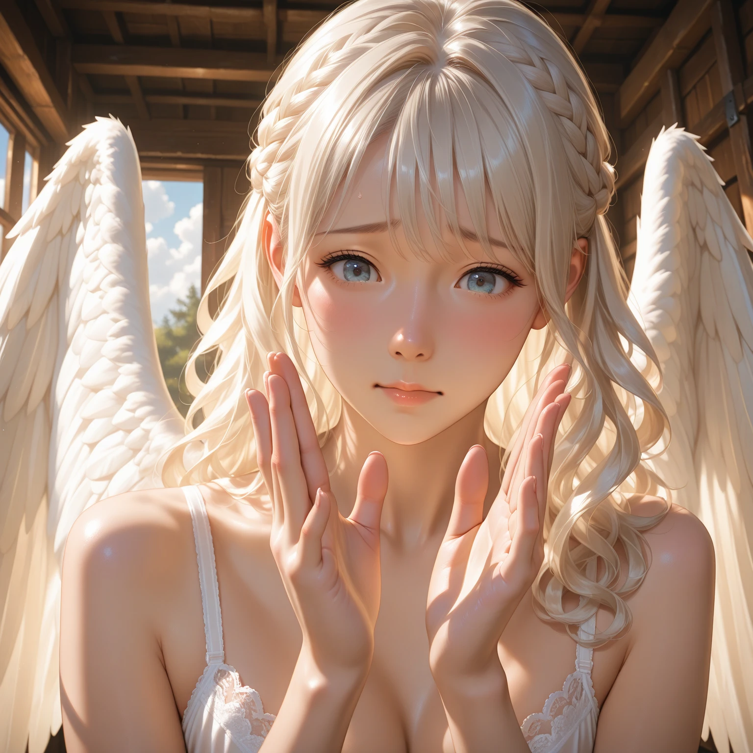 (ultra high res,photorealistic,realistic,best quality,photo-realistic),
(8k, raw photo, best quality, masterpiece),
(photon mapping, radiosity, physically-based rendering,automatic white balance),
technological sense, best quality, masterpiece, illustration,CG ,unity ,wallpaper, official art,
Amazing, finely detail, an extremely delicate and beautiful,extremely detailed,
highly detailed, sharp focus,rich background,blurry background,
(real person,photograph),
(((high detailed skin,visible pores))),
(((face close-up,haunting smile,moist lips,short hair))),
((irises and pupils are rounded,the pupil reflects the surroundings,eyes are not the same size)),
((Big eyes,perfect eyes,watery eyes)),
((white hair,high ponytail,thick bangs)),
((((small breasts)))),white skin,bare shoulders,((white dress)),(angel wings:1.4), (white wings:1.2), (symmetric wings: 1.5),