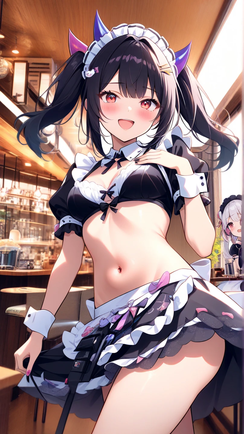 (masterpiece, top quality, detailed drawing, beautiful hair, beautiful eyes, perfect face, perfect anatomy), crowded bar, short twin tails hair, black hair, very baby face, droopy eyes, heterochromia, pink eye, orange eye, very huge breasts, height 145cm, 13 year old girl wearing big bunny ears, smiling and carrying drinks wearing big bunny ears and a tight bunny-girl outfit, smiling and serving drinks.
