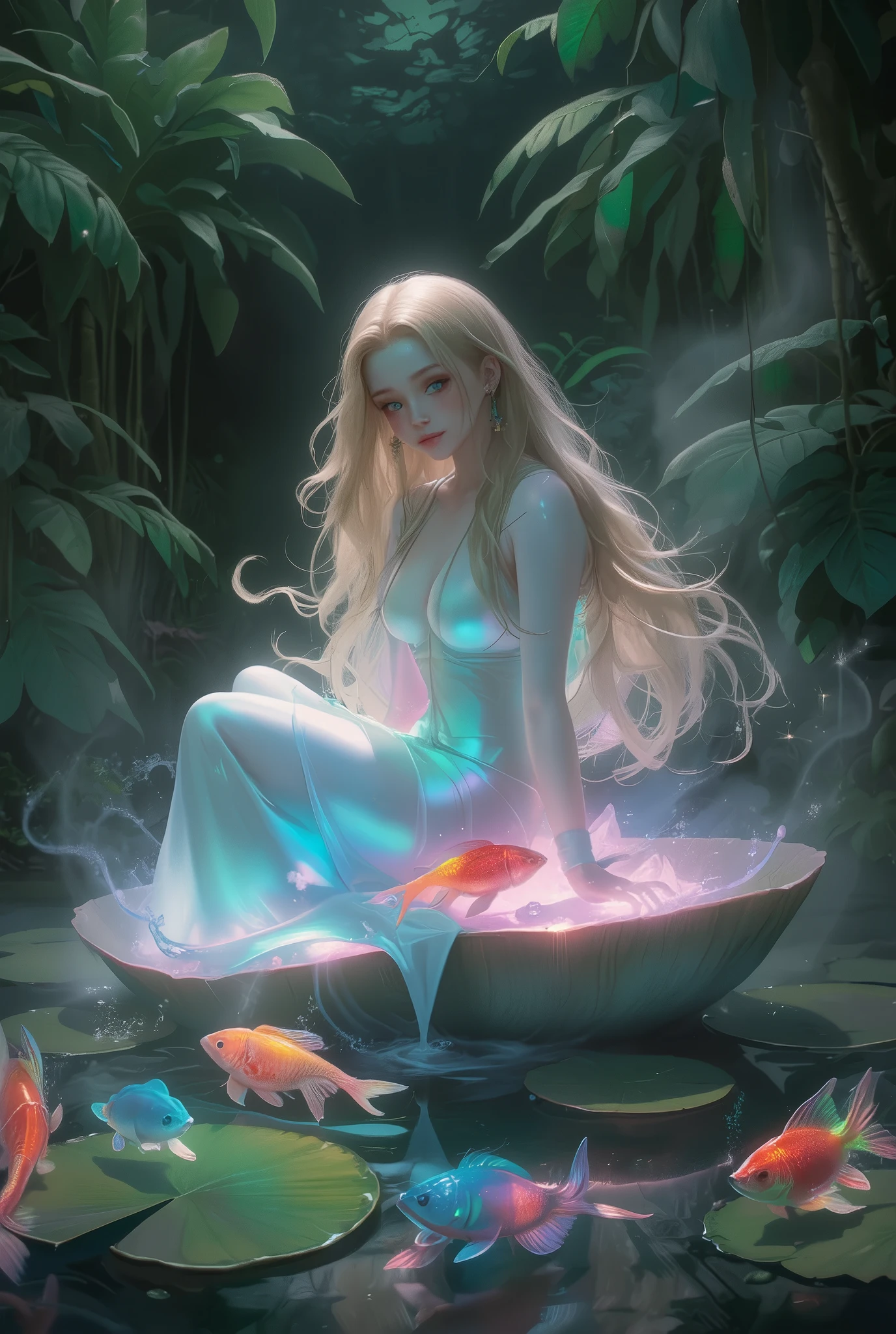 The Lady of the Lake, waterlilies, reflective water, mist, beautiful image, masterpiece, perfect