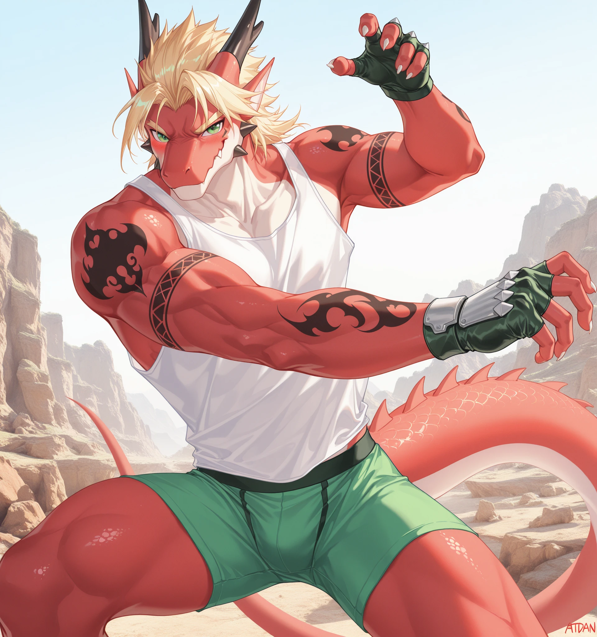 detailed eyes, (extreme detail:1.2), Nsfw, Anime style, score_9,score_8_up,score_7_up, best quality, masterpiece, high detailed, Kemono, (dragon) male, eastern dragon man, Big penis, athletic, Green skin, (Long blonde hair,) (disheveled hair,) ((long hair on side of head,)), Red eyes, fall to one's knees, bulge, ((Wet bulge)), ((saliva)), Arms behind back, clenched teeth, ((Cum dripping from the bulge)), (Oepn clothes), furrowed brow, blush, aggressive, look at viewer,