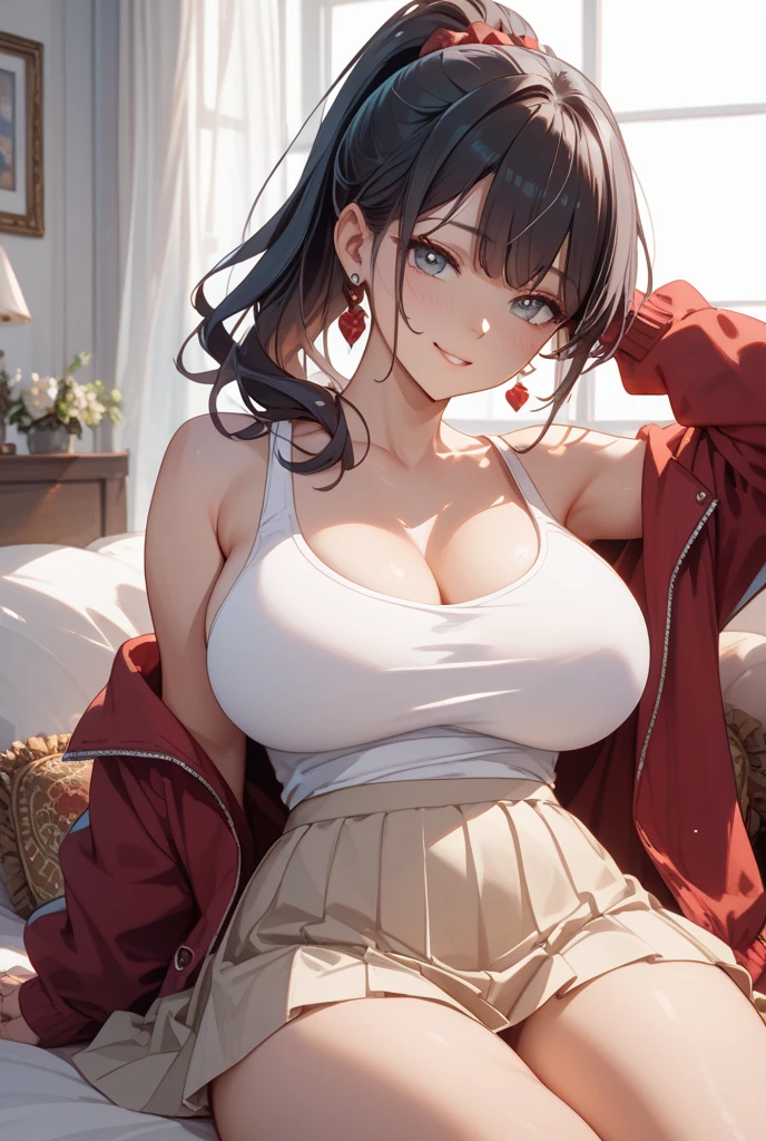 (dynamic angle:1.3, front view:1.1, breast focus:1.3, from below:1.2), (dynamic posing:1.5, sexy posing:1.2, leaning forward), (seductive smiling:1.3), ((looking at viewer, holding a cake)),highest quality、(real、photorealistic:1.4),(ultra high resolution, 8K RAW photo, clear focus), best qualtiy, natural lighting, field depth, (Bright pupils, detailed beautiful eyes, high detailed face), Red lip, (tight focus:1.2, from below), sexy posing, a girl 22yo old, teacher, wearing a , bootyshorts, Thicc, thin breast, long hair, blue eyes,off-shoulder dress, sweater dress, off-shoulder sweater, red sweater,garter stocking, cleavage:1.1, midriff, black shorts, black thighhighs, thigh strap, pretty girl, (highly detailed beautiful face and eyes,firm breasts),real skin,((black,hair,long pony tail hair)),thin pubic hair,cute,lovely, detailed eyes, This masterpiece is only visually stunning but also tells,(double breasted:1.0,under bust:1.0),(with sparkling eyes and a contagious smile),open mouth, Looking at Viewer,