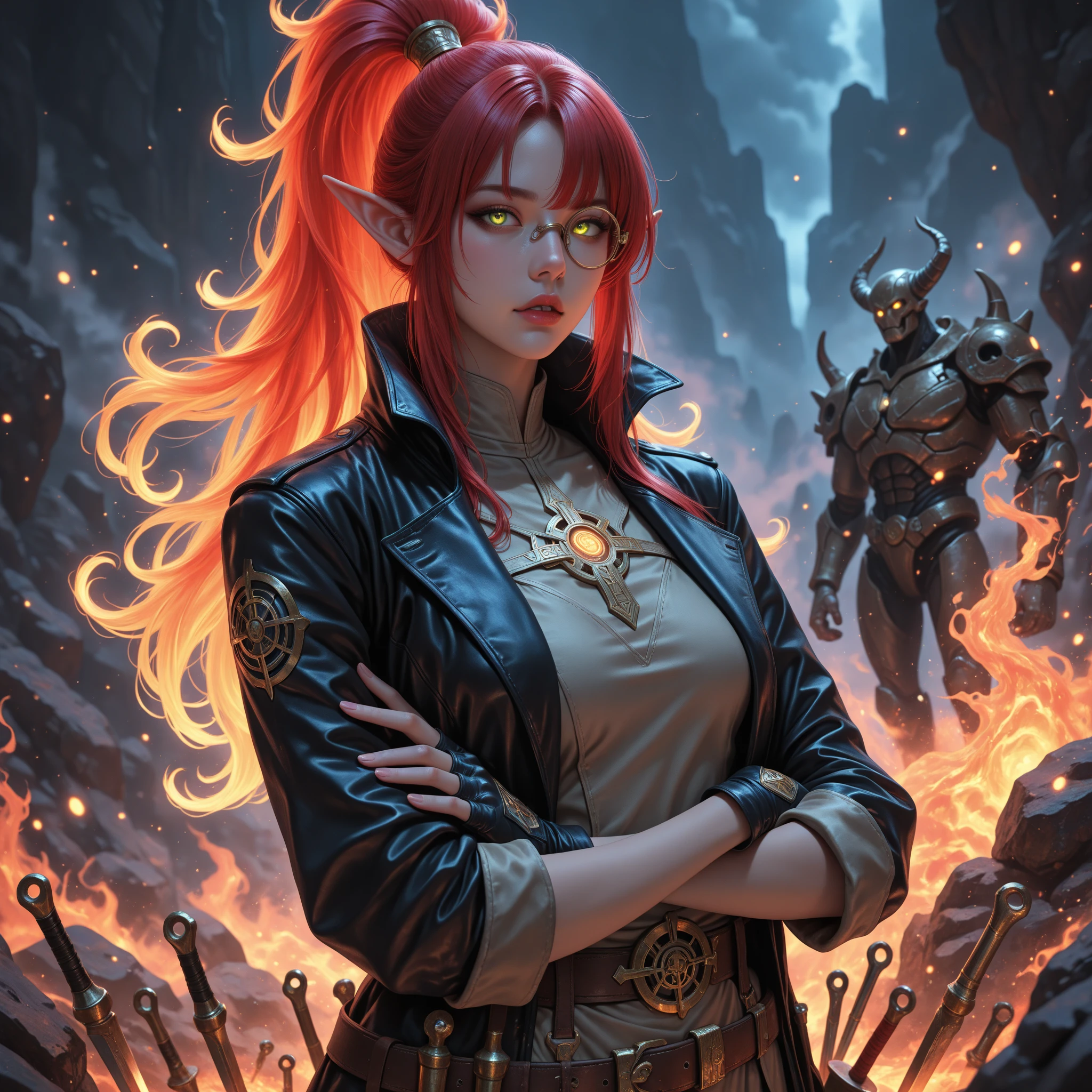 <lora:Kim_Possible:1> Kim Possible, long hair, orange hair, green eyes, choker, medium breasts, slim waist,  <lora:Wakfu_CartoonV02:1> breasts, collarbone, medium breasts,  content rating, safe, ,  <lora:V2_Pony_Fantasy_Knights_-_By_HailoKnight:1> hkstyle, score_9, score_8_up, score_7_up, score_6_up, score_5_up, score_4_up, (beautiful demon woman, horns, wearing armor, holding pink glowing sword:1.2), dungeon in background, concept art, digital art, realistic, <lora:shadV6.1LOL:1>