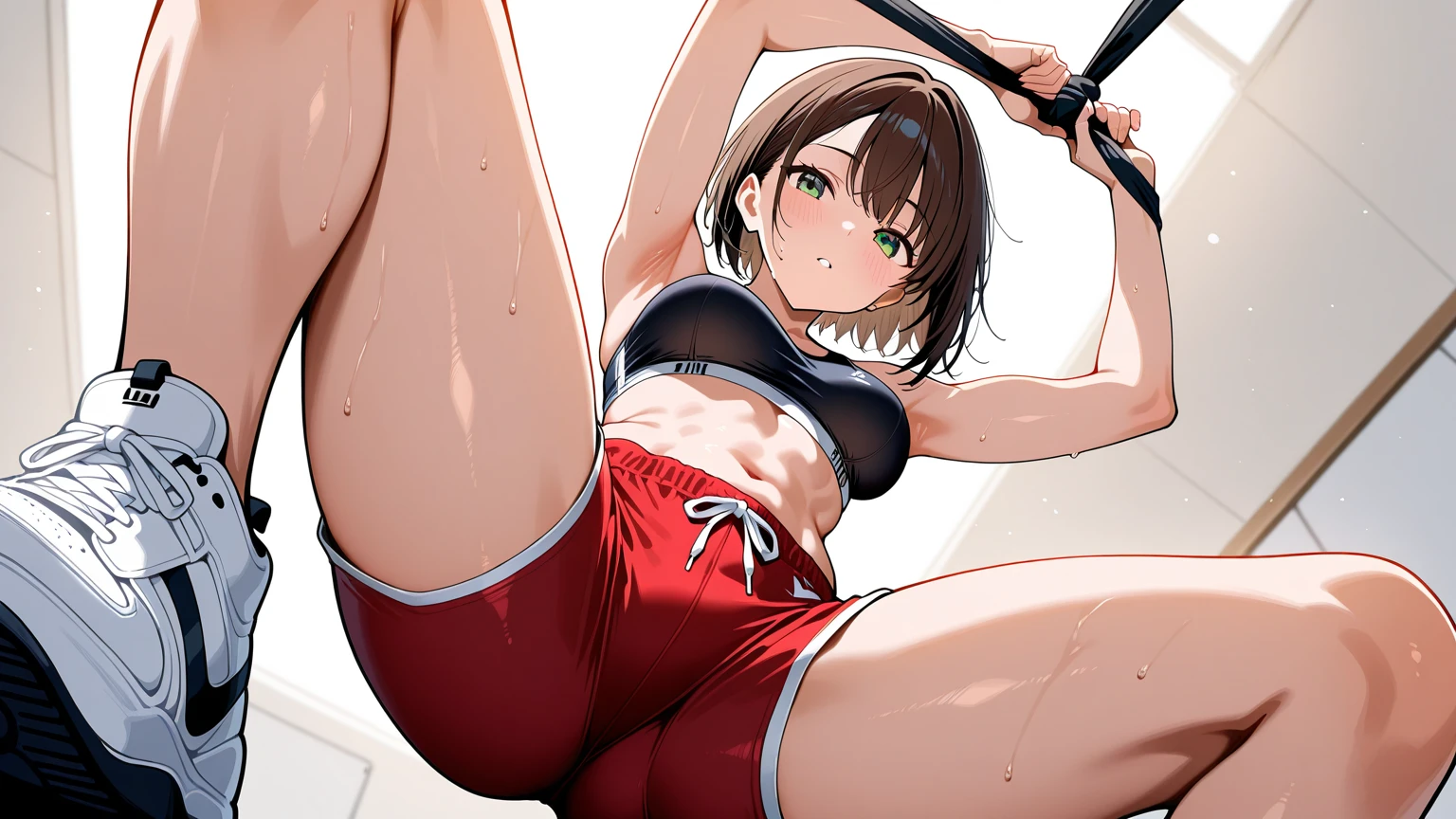 Japanese　13-year-old woman　Tank top　Both arms raised　Bob Hair　Armpit sweat　Volleyball practice　squat　Angle from directly below　Sweat dripping from the crotch　My crotch is very wet with sweat　Steam is coming out again　I&#39;m not wearing pants