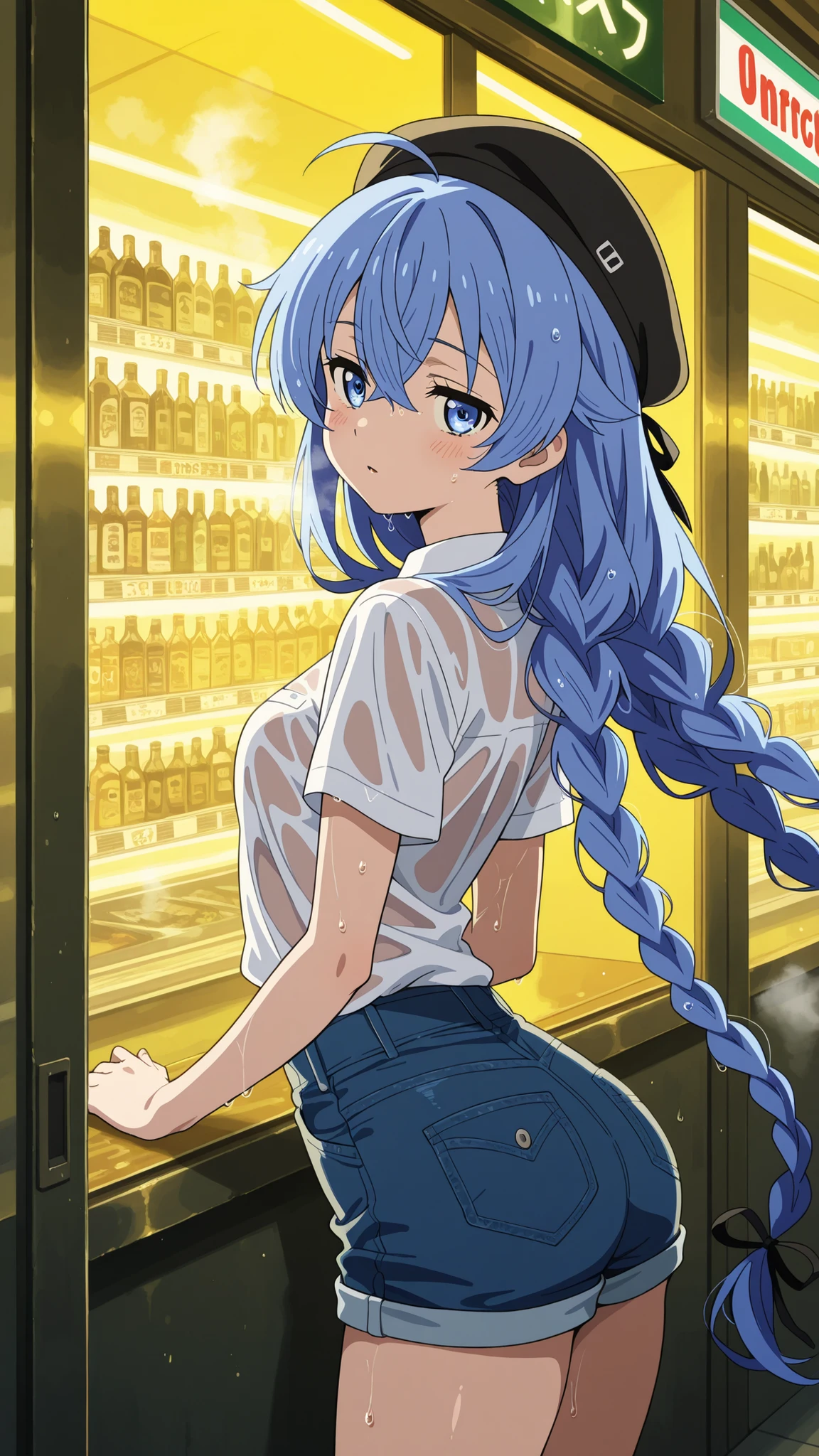 BREAK looking at viewer,BREAK (masterpiece:1.2), best quality, high resolution, unity 8k wallpaper, (illustration:0.8), (beautiful detailed eyes:1.6),Tokyo street glistening after rainfall, neon signs reflecting in endless puddles, warm yellow light spilling from izakaya doorways, steam rising mixing with the cool night air,Soft glows from convenience store windows,--style raw --chaos 60 , 4K ultra-detailed, cinematic urban atmosphere ,roxy, ahoge, black ribbon, blue eyes, blue hair, braid, hair between eyes, hair ribbon,long hair, twin braids, very long hair,short white shirt,short jeans shorts,chocker,cap,,wet clothes,blush, seductive expression,floating hair,cowboy shot,arched back,from behind,