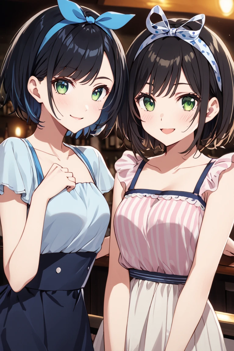 (2 girls:1.3), masterpiece, best quality, absurdres, leaning on girl, grabbing waist, facelight, strapless, in heat, drunken eyes, dutch angle, from above, upper body, cleavage, sideboob, looking at viewer, highres, ultra detailed, finely detail, detailed eyes and face and skin, sharp pupils, realistic pupils, sharp focus, night view, neon, street