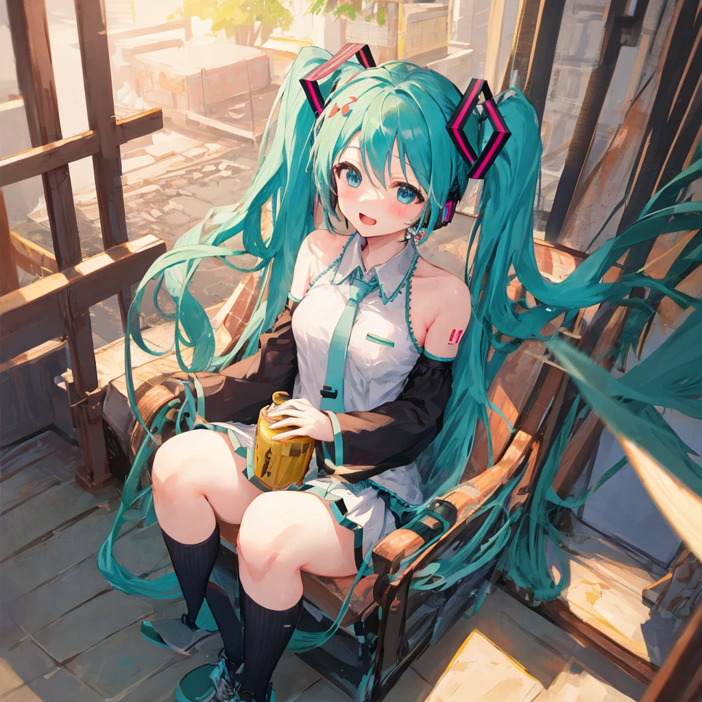 ((masterpiece,best quality))1girl, solo, black skirt, blue eyes,, headphones, long hair, , music, one side up, teal hair, twin tails, pleated skirt, black shirt, indoors,(cute face,(:d) ),barefoot,knees together,