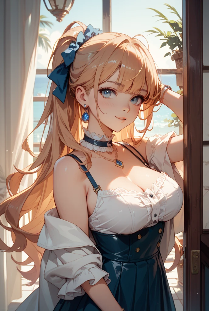 RPGroyality, (nsfw:1.2), Waitress working in a medieval tavern、sleevless medieval clothing、Blonde girl、a smile, armpits,