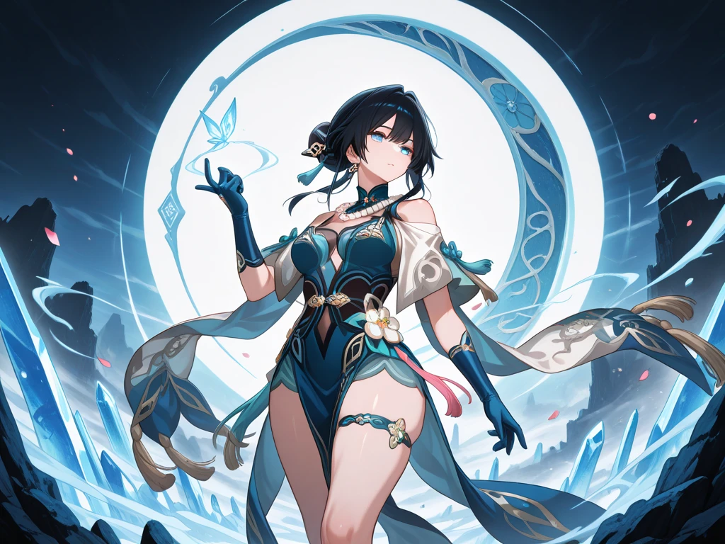 1 woman. Beautiful young woman. 25 years old. Beautiful Indonesian tribe queen. White skin. Powerful shaman. Indonesian Hogwarts. Shaman professor. shaman tribe hat. Black hair. Blue sexy transparent shaman suit no pants. No bra. No underwear. Blue shaman cloak. Flat chest. Holding the blue orbz. Blue Sapphire large necklace. Blue shaman room. Beautiful face. Standing pose. Shaman statue. Blue temple. Shamanic logo on the wall. Smile.
