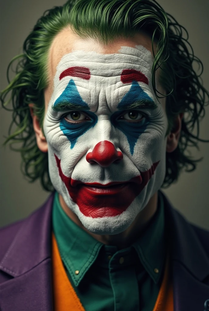 Jeremy Irons being the joker, purple suit, orange shirt, green hair with black details, cruel pose, Surrealism, anaglyph, stereogram, tachi-e, pov, atmospheric perspective, 8k, super detail, ccurate, best quality, in gotham city, scrutinized theme, perfect framing, modern art, purple tie, orange shirt and purple suit, smiling face, rosto com maquiagem branca