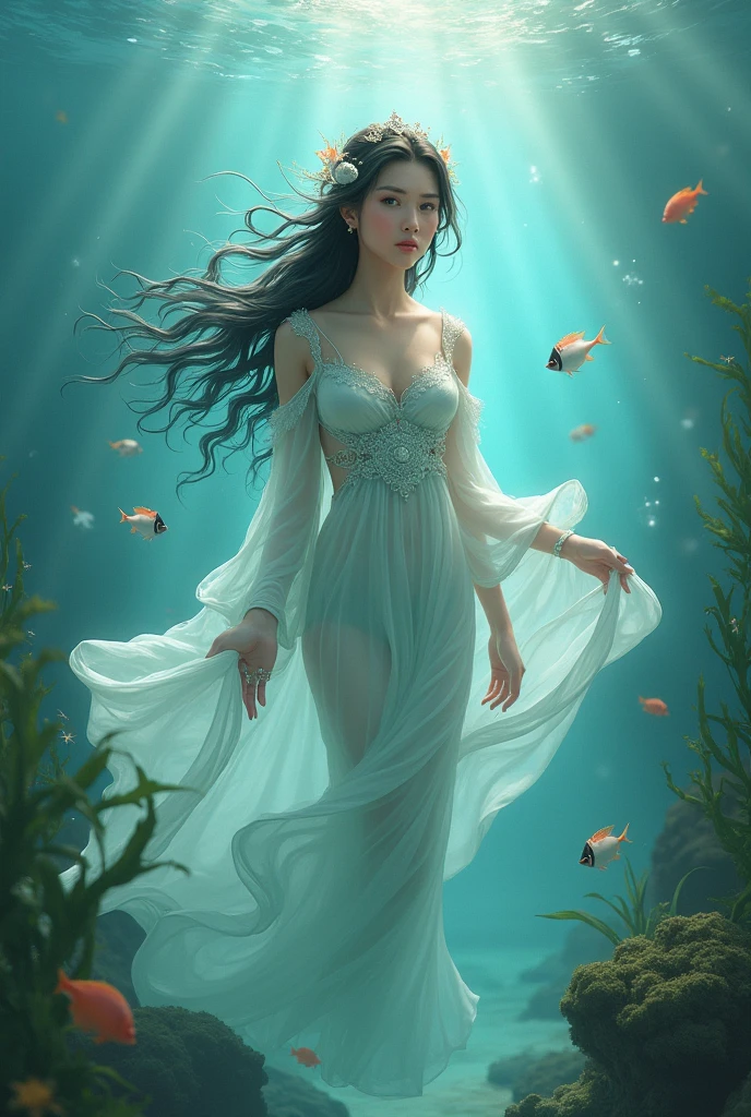 best quality,masterpiece,ultra high resolution,(Realism:1.4),RAW photos,cold light,woman wearing transparent dress underwater,Full body image,wallpaper anime blue water,Gurwitz-style artwork,Close-up fantasy of water magic,author:Yang Jie,Gurwitz,A beautiful artistic illustration,Water Nymphs,Beautiful digital artwork,Beautiful digital illustration,Li Song,A beautiful anime portrait,Bovo's art style