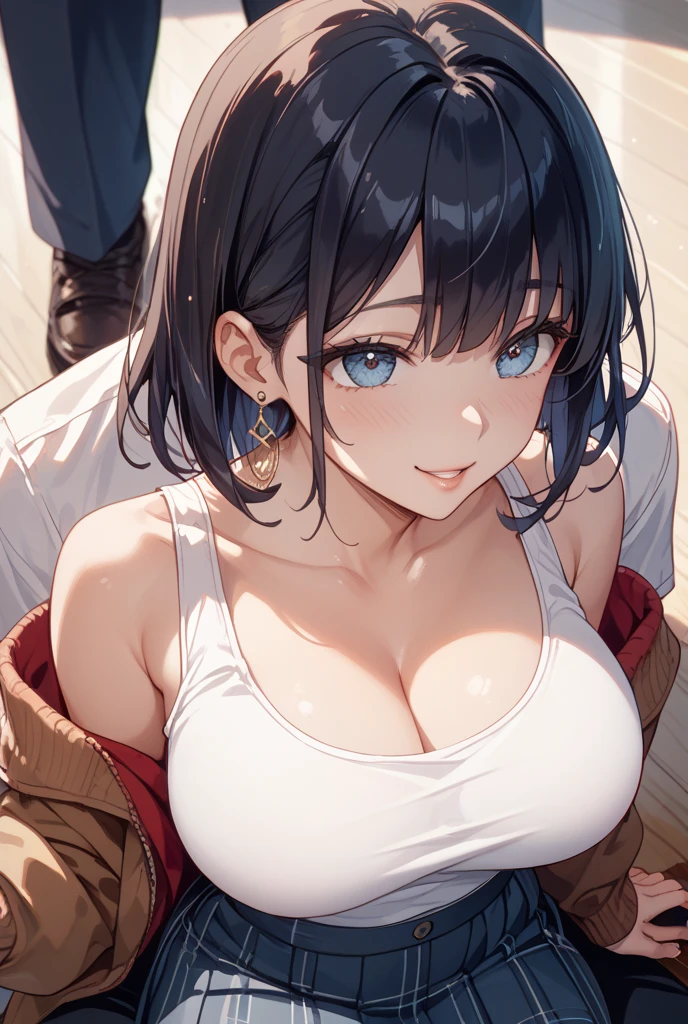 Chubby women、Black Hair、Embarrassed、Upper Body、Navy blue bra