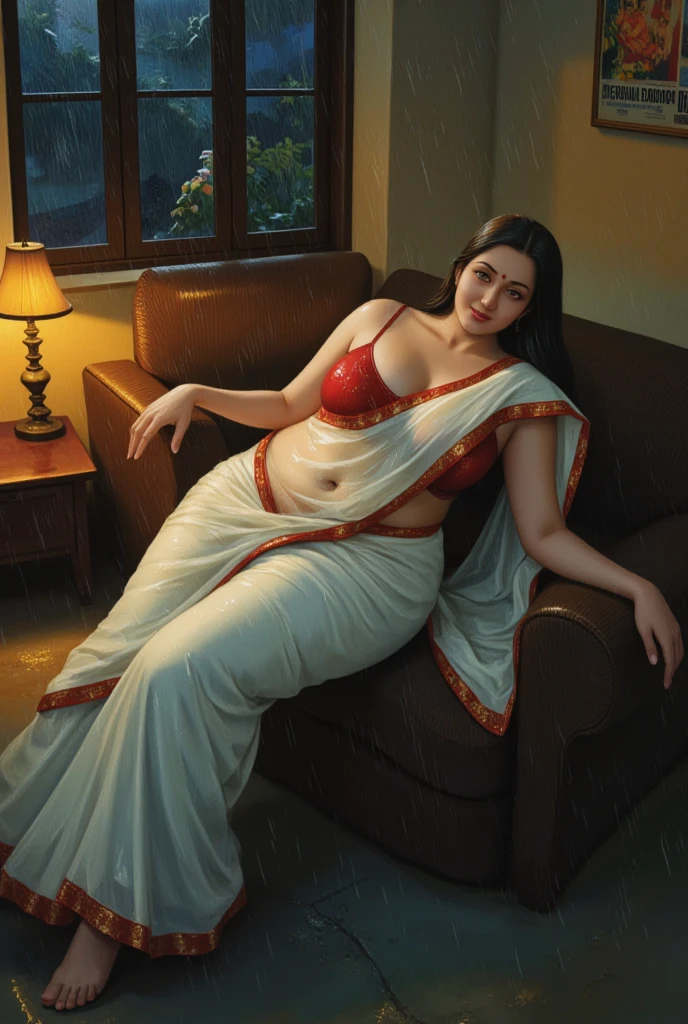 ((( by artist Raja Ravi Varma ))), Nair Lady taking bath in a water falls, see through dress, licking lips, (big boobs:1.2), deep cleavage, wearing thin red lace see-through, red lips, seductive gaze, posing provocatively, innocently, make love with girl real photo volumetric lighting, photo-realistic, ultra detailed, best quality, Realistic, 8K, ultra-detailed, Unreal Engine, midjourney art style