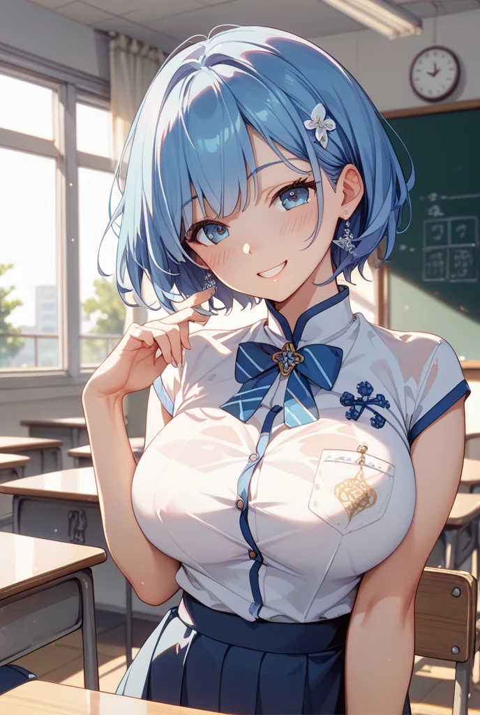 A woman with silver bob hair and blue eyes, wearing pink bodycon micro dress , gazing condescendingly at the viewer with a cute grinning expression, extremely detailed and realistic, sitting on a desk, masterpiece quality, ultra-detailed, HDR, studio lighting, vivid colors, physically-based rendering, school girl, attractive buttocks