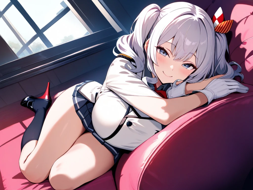 1 white-haired girl with ribbon decorations on her head, blue eyes in school mini skirt Women with white stockings at home