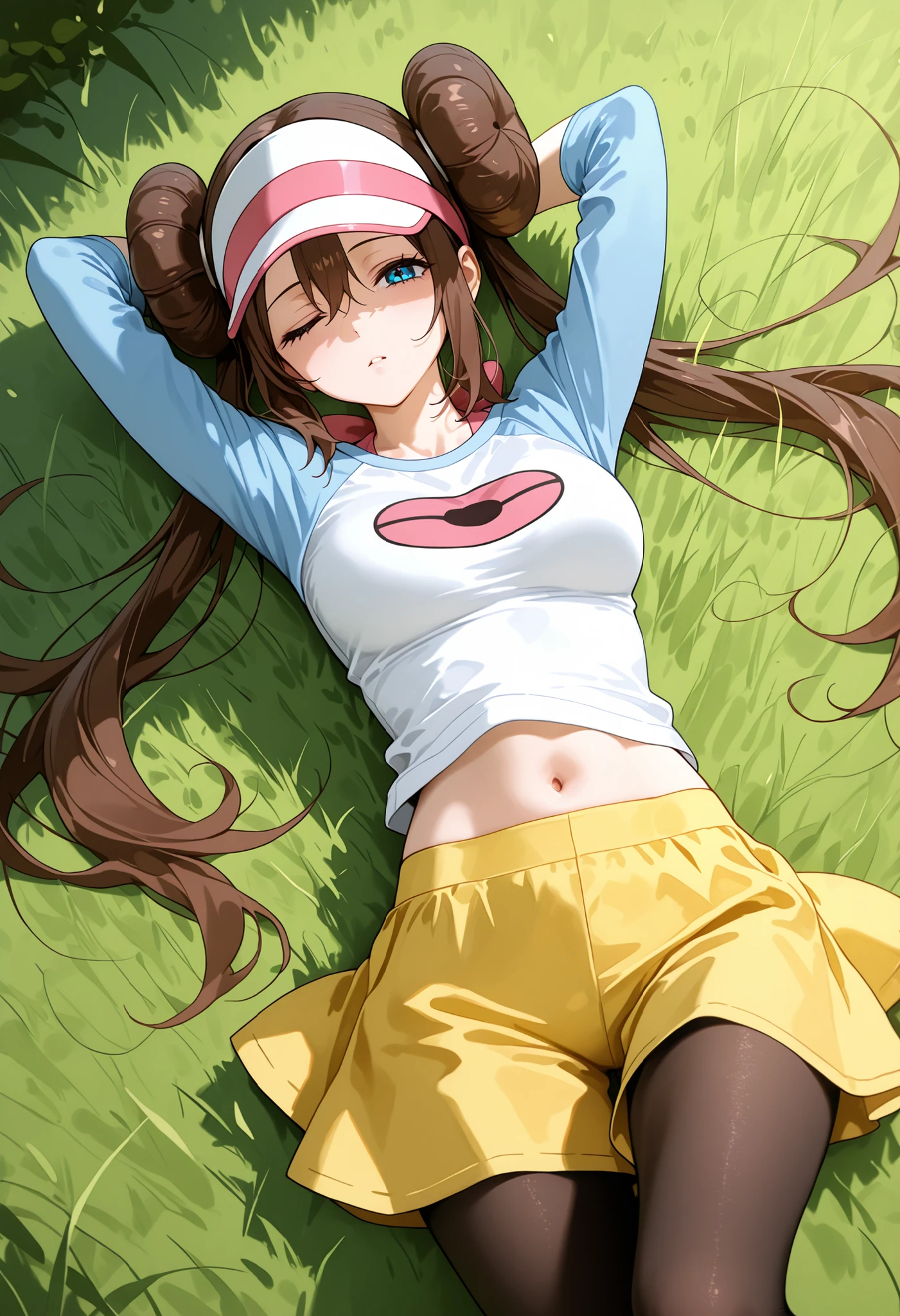 score_9, score_8_up, score_7_up, nh, lying, lying on grass, grass, sleepy, one eye closed, 1girl, solo, outdoors, rosa, brown hair, double bun, hair bun, blue eyes, hair between eyes, twintails, pantyhose, pantyhose under shorts, raglan sleeves, yellow skirt, white shirt, blue sleeves, visor cap, looking at viewer, midriff, ray tracing, arms behind head, medium breasts, navel, from above, pov