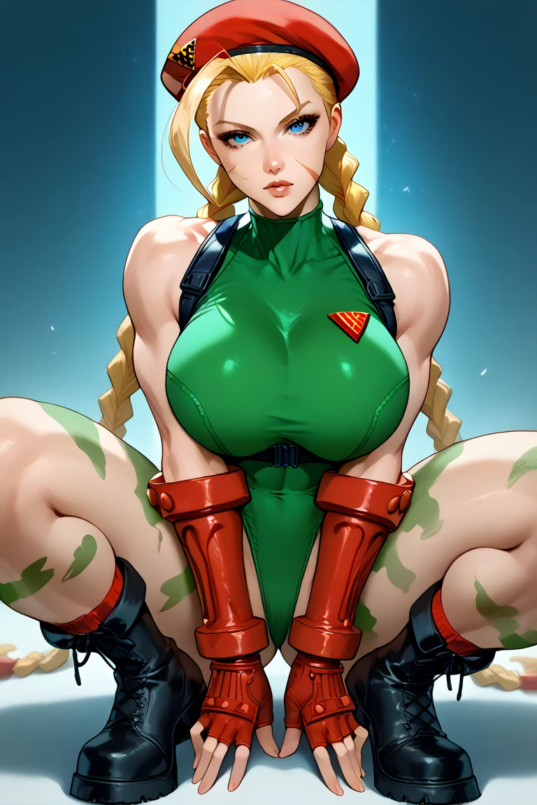 Super detailed、Highest quality、Best image quality、masterpiece、8k、(SF5Cammy)、Cowboy Shot、(shoulder-length blonde braids)、(Open Mouth) 、(tareme)、(tareme)、(big eyes)、(Beautiful bright blue eyes)、(High Detail Anime Eyes)、(puffy eyes)、(Big Tits:1.5)、((SFW Huge Body))、(Green high leg leotard:1.5、Gloves、Harness、boots)、(Fighting Pose:1.5)、hat