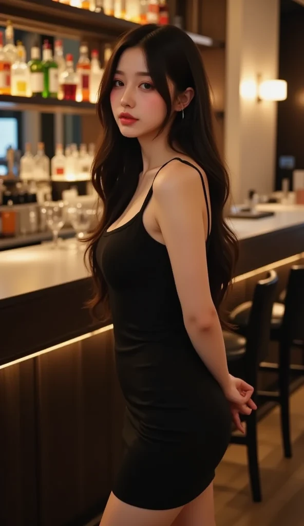 asian, (photorealistic), (unedited photo),(realistic face, detailed face),(detailed eyebrows, realistic beautiful eyes), (realistic lighting), (beautiful natural eyes), (candid picture),(eurasian),(dark natural eyes),(beautiful face), sweaty skin, soft skin, realistic skin, small breasts, cocktail, bar, night life, evening, indoor, long black dress, one girl, standing at the bar, crowd in the back, black dress, sitting on a high chair