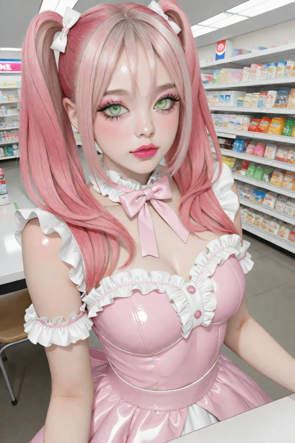 realistic, View into a candy store, Vintage-Stil, Focus on lollipops and chocolates, make a beautiful 10 year old girl, front view, she has long pink hair, She is a beautiful woman, glowing lips, pink color, large, blue eyes, beautiful and bright. she is in front, very deep cleavage, very short lifted skirt