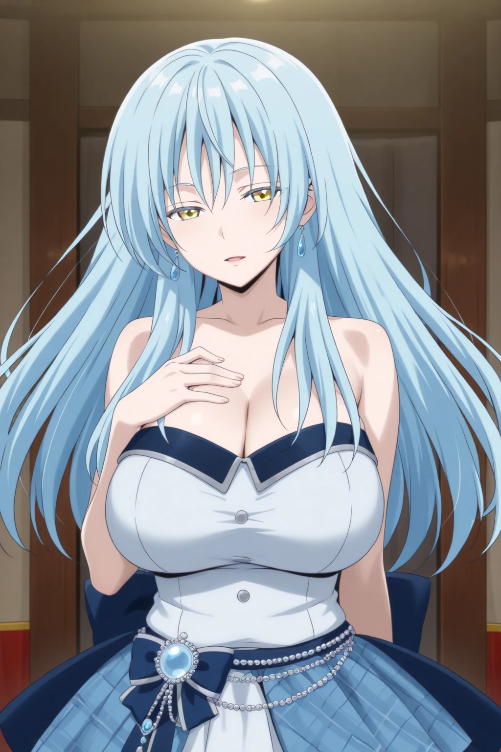 1girl, female gojo satoru, anime screencap from jujutsu kaisen, gojo satoru female version, solo, long_hair, ((Blue eyes,)) ((Silver_hair, hair over ear from one side))((slicked hair)) , night view, (stiff breasts) upper_body, smile, indoors, parted lips, (long hair) ((wearing a mini blue dress showing a lot of cleavage)) , (Belly Button ) ((Middlebreasts)) , glossy)) breast, "very detailed and high resolution" ((solo)) (((front view))) (earings) ((high resolution)) ((good quality)) ((silky hair, hair over ear from one side))((hair slicked)) ((parted lips))((Large breasts)) ((full body))