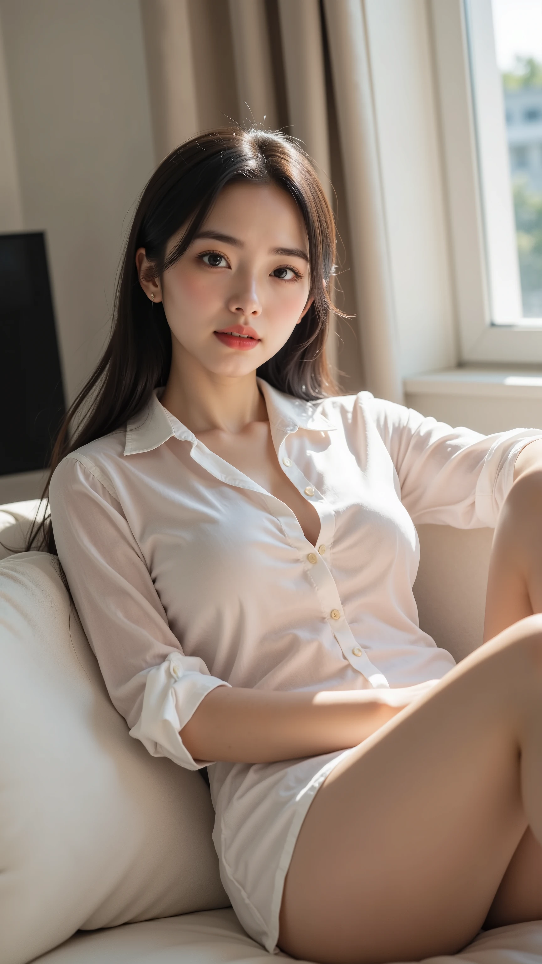 (Photoreal: 1.4), (Hyperrealistic: 1.4), (Realistic: 1.3), (Smooth Lighting: 1.05), (Improved cinematic lighting quality: 0.9), 32K, 1 female, 24 years old business woman, sitting in a chair with her knees together, realistic lighting, backlight, face light, ray tracking, (bright light: 1.2), (Quality improvement: 1.4), (Top quality realistic textured skin: 1.4), Fine detailed eyes, Detailed face, Fine quality eyes, Dark brown eyes, (Tired, sleepy and satisfied: 0.0), White blouse, dark blue tight skirt with slit at the side without fitting ornaments, dark brown hair, pure white silk socks in glossy fabric, pale lighting, white wall background with shadows by the window, Light leaking from the leaves of the tree forms a silhouette and falls on the wall
