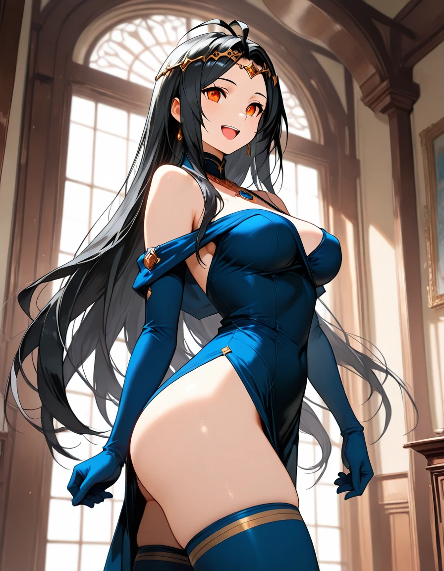 olga discordia, long black hair, colored skin, brown skin, hair stick, bangs, blue eyes, solo, smiling, standing, upper body, hips, bare shoulders,purple thighhighs, blue dress, gold jewelry,armor,gloves,circlet, cleavage, red and gold royal castle, gigantic breasts, (best quality, masterpiece, beautiful and aesthetic:1.2, highest detailed face, perfect face,) eyes, perfect face,expressive eyes,
looking at viewer, in the center of the image,(Upper_body),(Focus on her face),
official art,extremely detailed CG unity 8k wallpaper, perfect lighting,Colorful,
(masterpiece:1.0),(best_quality:1.0), ultra high res,4K,ultra-detailed