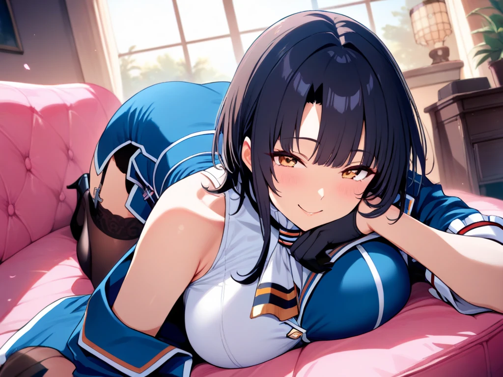 (Lie on the ground:1.3), 1 girl, alone, kujousaradef, nurse, blush, hospital, indoor, Day, window, big breasts, thick thighs, short hair, null, temple, looking at the viewer, stage, Mountain, moody lighting, In-person audience, sexy pose, ear piercing, nurse uniform, pink shorts, stockings, nurse hat, pink nurse uniform, health room, Erotic position,