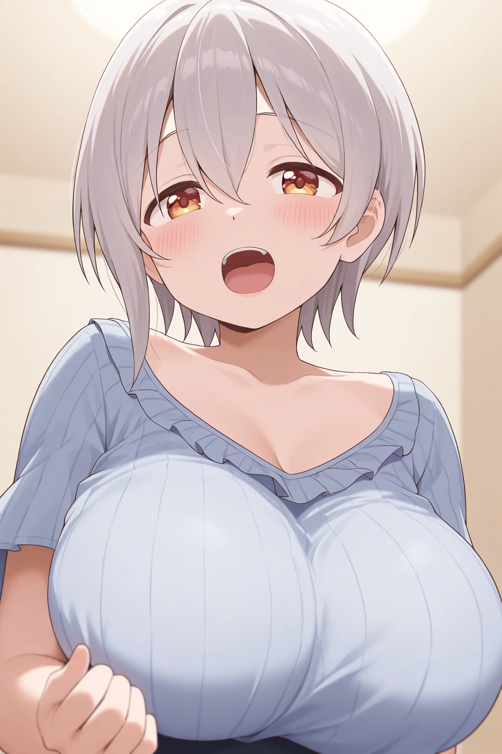 nsfw、(1 Boy、Faceless Man、POV、Vagina Penis、Hetero)、Sex、highest quality、High resolution、highest quality、High resolution、1woman、Uzakipecker、Closed eyes、(Huge breasts:1.3)、1girl、Gray Hair、blush、Embarrassing、(Sweat)、Low ponytail、((Full nudity))、