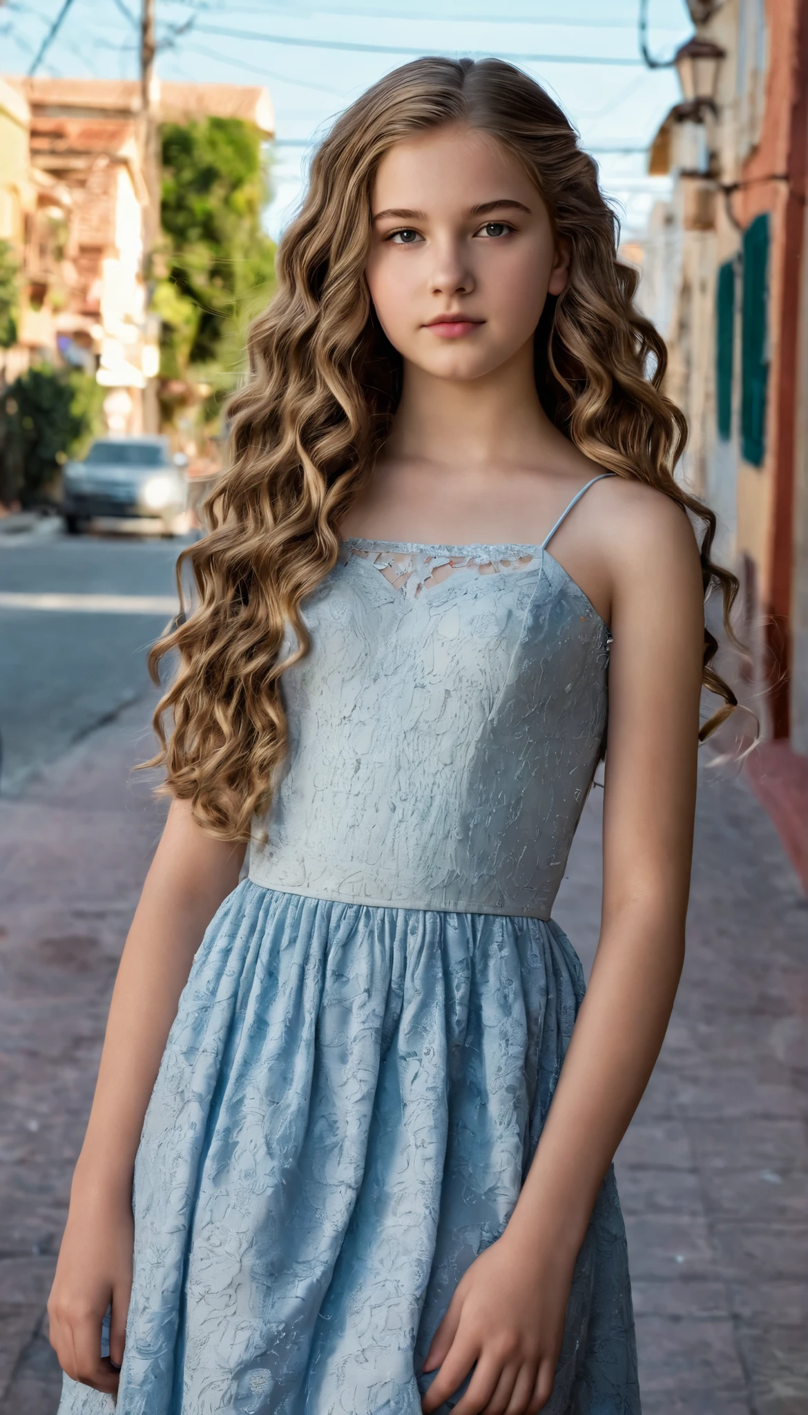 Create different poses of my beautiful blonde young girl wearing a yellow dress. 
