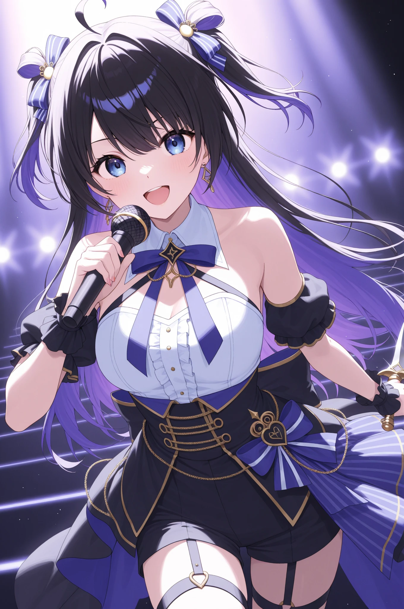 Upper Body, Realistic, real person, (pale skin: 1.2), RAW photo, photorealistic, shiny skin, shiny hair,(25 year old woman with bangs) and (black hair) and (purple eyes) , hair accessory, (white) and (idol girl) ,smile, open mouth, Singing and dancing on stage、