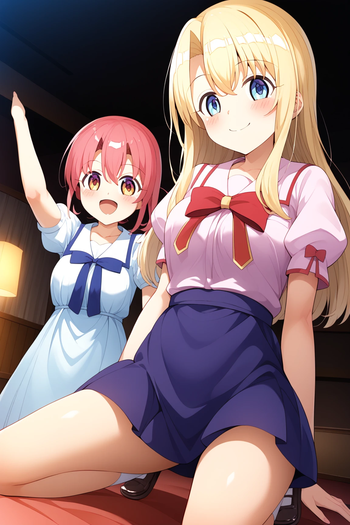 ((masterpiece))((Highest quality))girl、Laughing with your mouth open、blush、Flat Chest、Are thin、Blonde Hair、blush、Are standing、Whole body image、Eye level on face、、No background、Blue clothes、Hair is two colors、Twin tails、Red Eyes、Two-tone red and yellow hair、With open arms