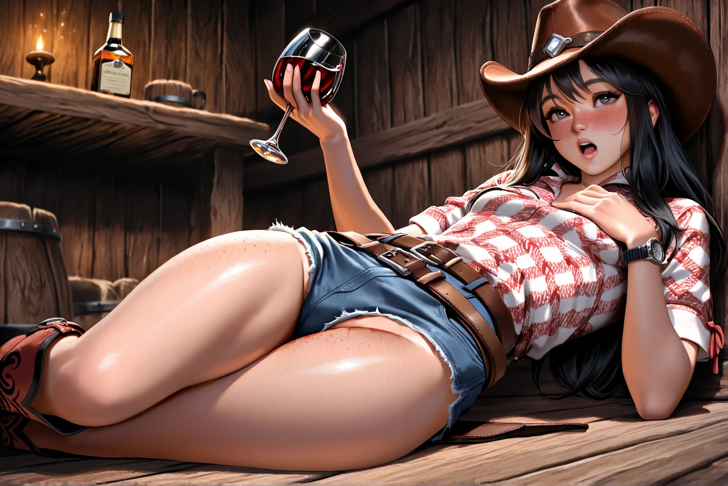 (((1 person:2.0))),(((NSFW:1.8))),((Nude:1.8))),(((naked:2.0))),(((Slim body:1.8))),(((Wearing a gun belt:1.8))),(((Put a holster on your gun belt:1.8))),((Wear a wrist watch:1.8))),(((Showing cleavage))),(((Exposed thin inner thighs))),(((Small breasts:1.5))),(((nakedの腕))),(((Wearing boots:1.5))),((Blushed face:1.5)), Beautiful detailed girl, Very detailed目と顔, 緻密でBeautiful Eyes, Very detailed, High resolution, Highest quality, masterpiece, Very detailed, 8k wallpaper, wonderful, finely, Highest quality,(Standing in front of a wooden wall),Beautiful Eyes,((Engage your audience:1.2)),((Cowboy Shot:1.5))),((Front shot:1.2)),((Put your right hand on your chest:1.5)),((Drinking whiskey:1.4)),(((Drunk,Crying hard:1.8))),(((Straddling a chair:1.2)))