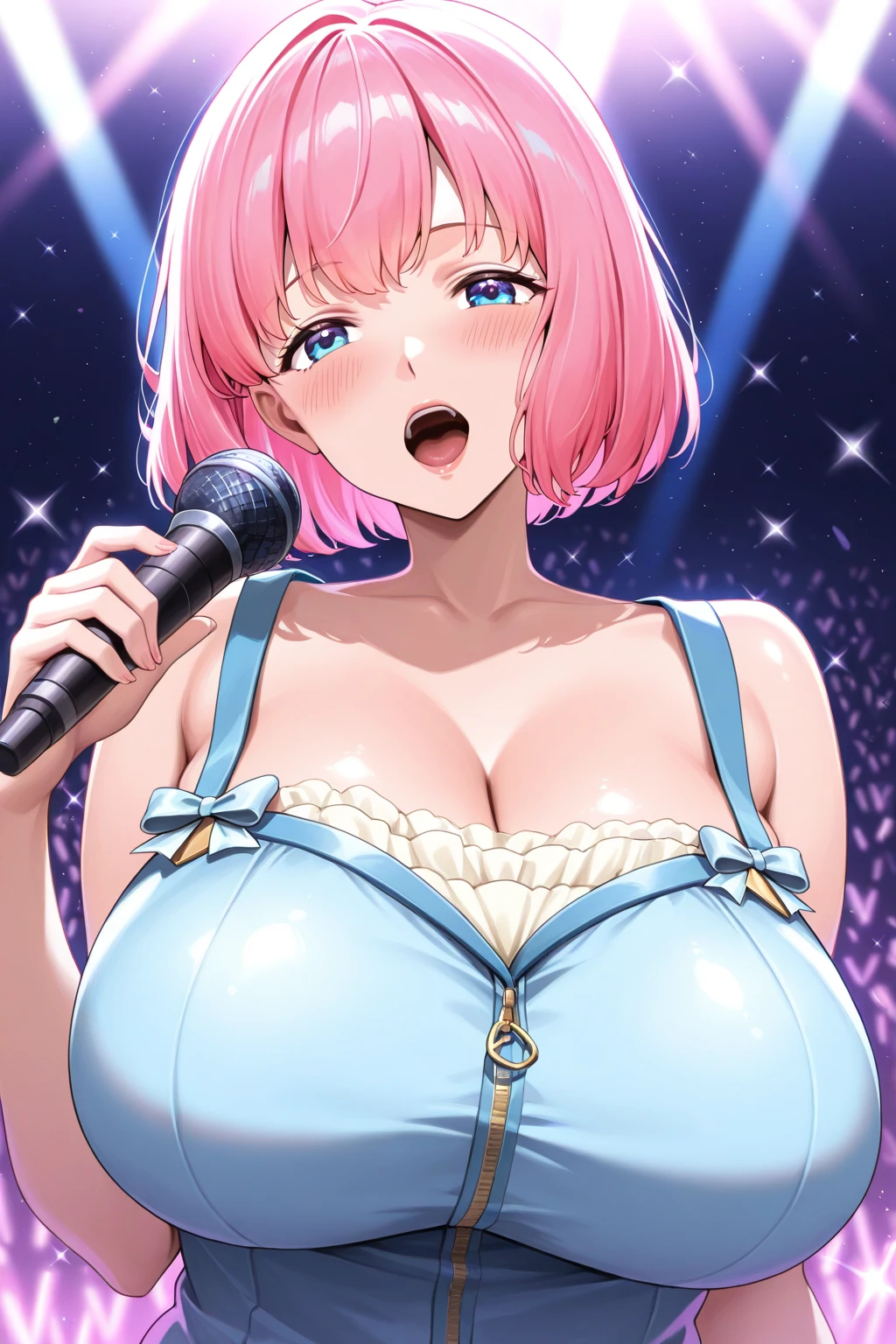 Cowgirl, Ahoge, Redhead, Purple eyes, short hair, , Live Stage, Big Breasts, nsfw. large breasts. naked. crying　, solo