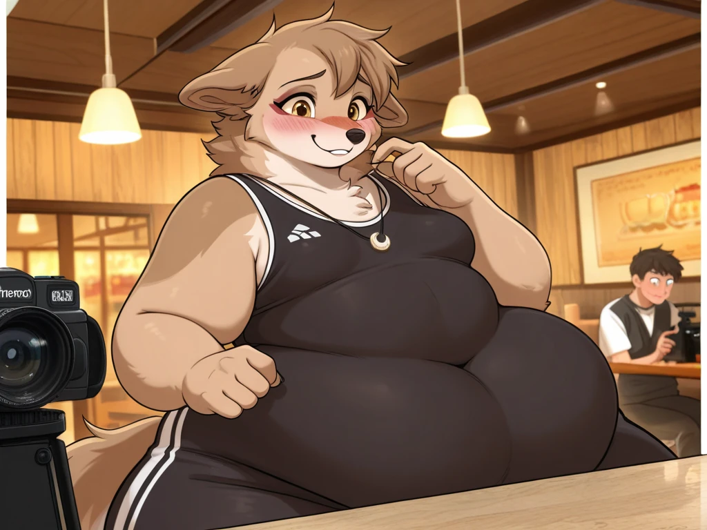 1girl, obese cat, calico, happy, sitting at table, food on the table, stuffing her face with food, hands full of food, chair giving way from her weight